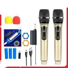 Dual Wireless Mic With Receiver: Two Handheld Microphones for Clear Sound and Interference Elimination - Happydeals.lk